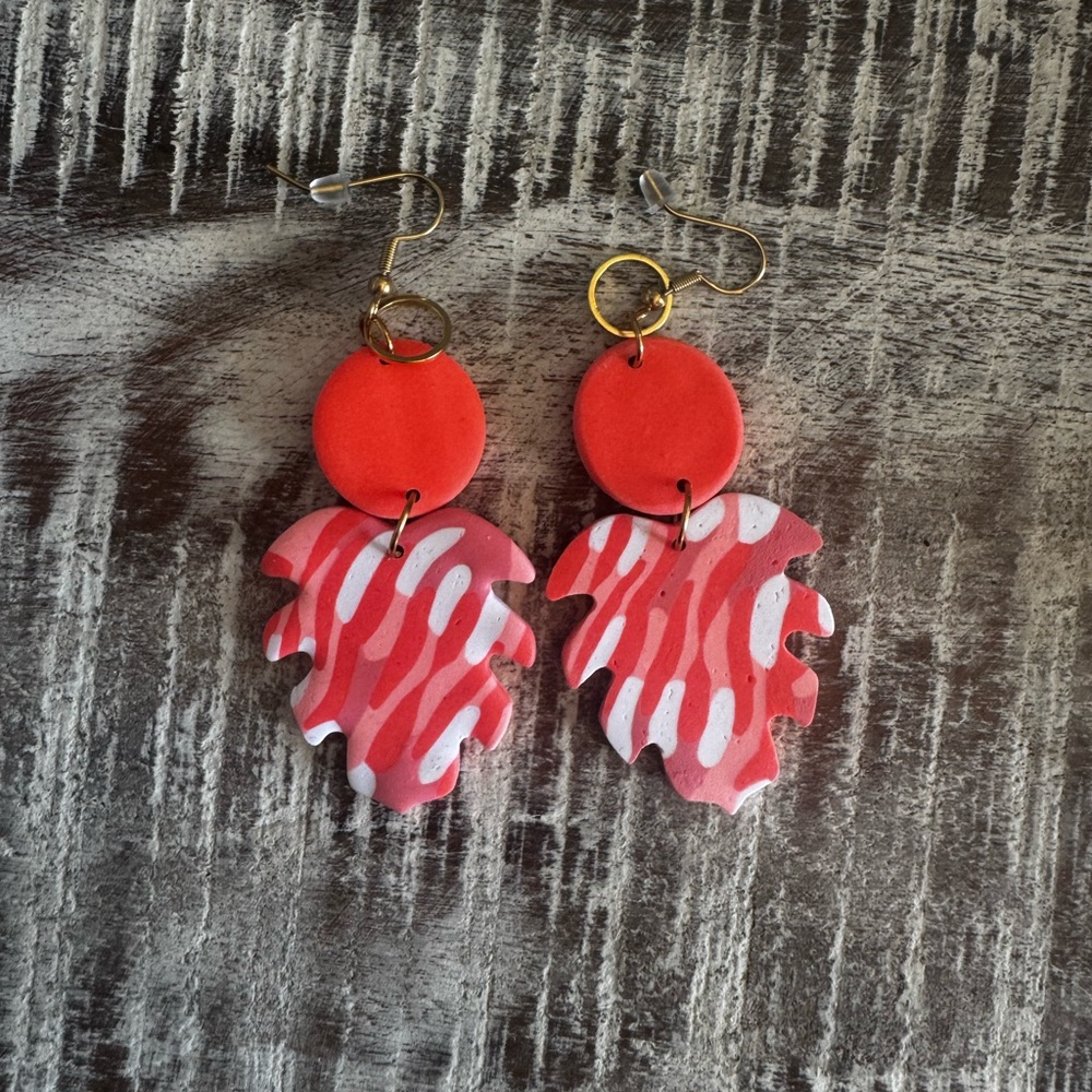 Handmade Coral and White Palm Leave Clay Earrings